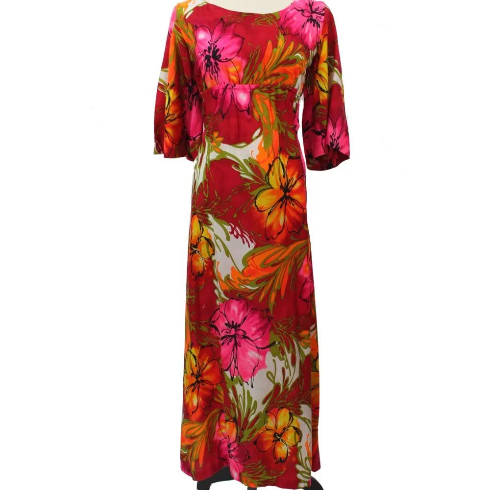 SOLD Vintage 1960s Red Pink Floral Hawaiian Maxi Dress Made in Hawaii - Picture 5 of 6